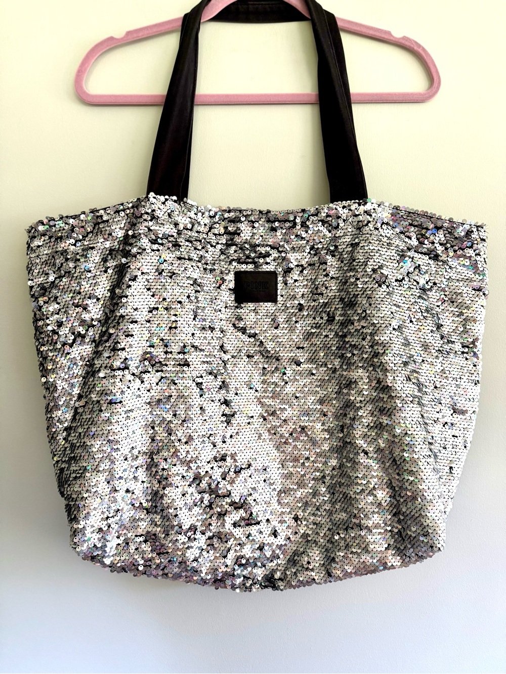 💿PINK Victoria’s Secret Iridescent Sequin Extra Large Black Canvas Tote Bag